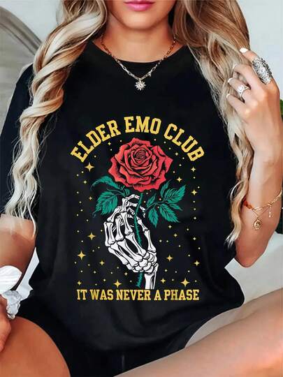 100% Cotton Elder Emo Club It Was Never A Phase Music Lover Men Women T-Shirt Round Neck Short Sleeve T-Shirt Women's Men's Graphic Tee