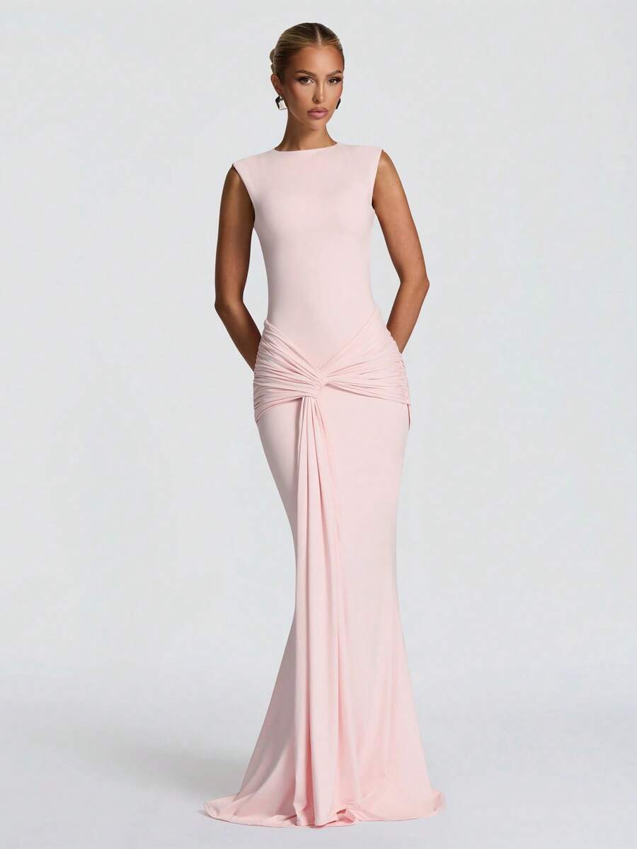 Women's Elegant Sleeveless Backless Mermaid Maxi Knit Cocktail Dress, Formal Evening Gown, Wedding Guest Dress, Party Dress, Valentine's Day Dress - Pink - View 1