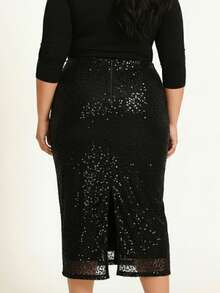 Women's Sequined Midi Skirt Elegant High Waist Slit Hem Sparkly Plus Size Long Skirt For Party Work Daily Wear - màu đen - Xem 6