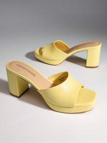 Women Minimalist Open Toe Heeled Mule Sandals Slip On, Thick Heel Casual High Heel Sandals For Outdoor Spring/Summer - Màu vàng - Xem 4