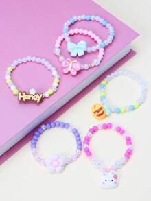6件套可爱蝴蝶结、兔子、蝴蝶、花朵、蜜蜂串珠手链，适合女孩日常、节日、生日、派对佩戴 - 彩色 - 查看 5