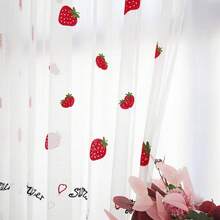 2pcs Modern Minimalist Embroidered Strawberry Sheer Curtains, Fresh & Elegant, Multi-Function Top Hooks, Suitable For Living Room, Bedroom, Balcony, Entrance - White - View 2