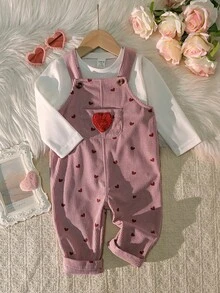 女婴粉色条纹红色爱心印花红色爱心刺绣可爱背带裤 - 乾枯玫瑰色 - 查看 1