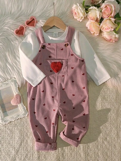 女婴粉色条纹红色爱心印花红色爱心刺绣可爱背带裤