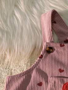 女婴粉色条纹红色爱心印花红色爱心刺绣可爱背带裤 - 乾枯玫瑰色 - 查看 5