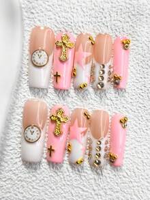 10pcs Y2K Cute Nail Stickers Set, Handmade Nail Art Decorations Including Clock, Cross, Champagne Rhinestone, Golden Beads, Pink & White Gel, Hand-Painted Stars, 3 Sizes Available (Almond, Duck, Coffin Shape), Comes With Tool Kit, Suitable For Women & Girls, Applicable For Parties, Celebrations, Birthdays, Daily Nail Care Nails Nail Supplies Handmade Press On Nails - Multicolor - View 4