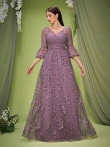 Anpoket V-Neck Embroidered Lace Cropped Sleeves High-End Evening Dress, Party Dress, Wedding Guest Dress, Formal Dress, Gown, Valentine's Day - Dusty Pink - View 5