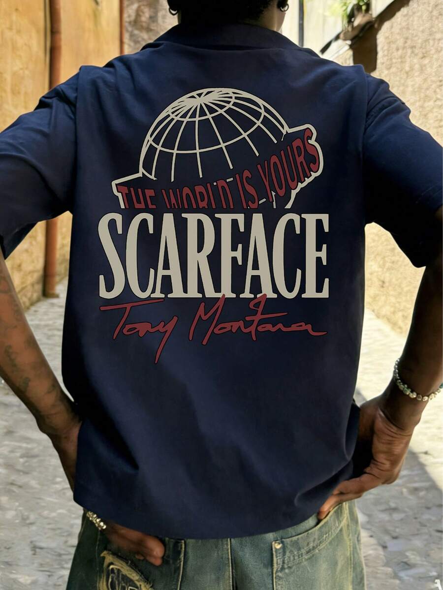 Áo thun nam tay ngắn cổ tròn in chữ tối giản phong cách mùa hè FRACTYR | Áo thun cơ bản phong cách đường phố thường ngày - Màu xanh hải quân - Xem 1