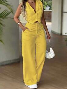 2pcs Women's Minimalist Fashion Casual Set, Front-Buttoned Sleeveless Vest And High Waist Button-And-Zipper Pocket Straight-Leg Pants Two Pieces Set, Solid Color - 黃色 - 查看 4