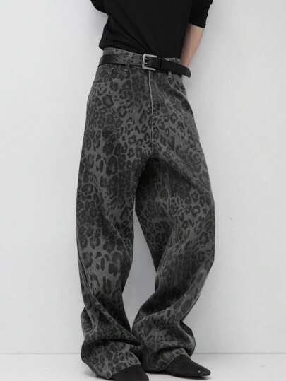 男士四季皆宜美式豹纹街头复古时尚宽松直筒阔腿裤