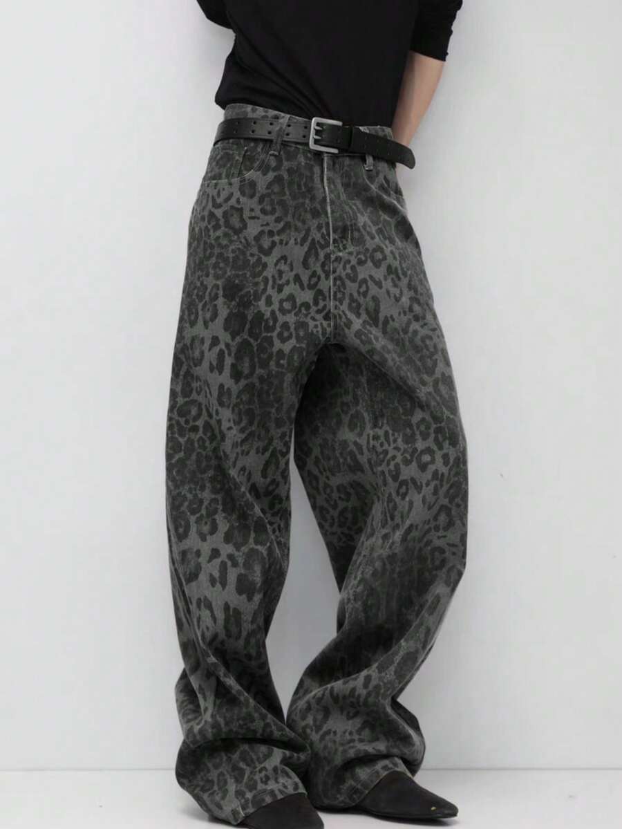 男士四季皆宜美式豹纹街头复古时尚宽松直筒阔腿裤 - 灰色 - 查看 1