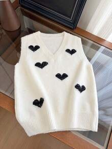 1 pieza Chaleco de mujer con cuello en V de lentejuelas en forma de corazón y contraste de color, versátil, suave y dulce, sin mangas, para usar en capas en el Día de San Valentín - Blanco - Ver 2