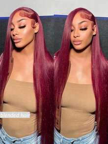 28 Inch 180% Density Instant Wear No Glue Wig, Human Hair Blend, Pre-Plucked, Pre-Cut, 13x4 Lace Front Wig, Human Hair Blend, Lace Front Closure, Instant Wear, 180% Density, Straight, 99J Wine Red, 10-36 Inch - S99J/BUG - View 4