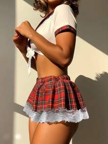 3 件套 Cosplay 学生制服套装（上衣、裙子、T 裤），蕾丝花边格子裙，角色扮演游戏服装，适合情人节、圣诞节、夜总会表演，女士服装套装 - 紅白色 - 查看 2