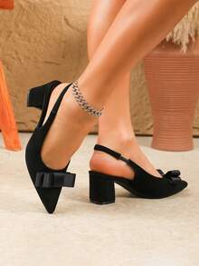 春季新款时尚女士尖头婚鞋，粗跟黑色蝴蝶结休闲舒适高跟鞋 - 黑色 - 查看 6