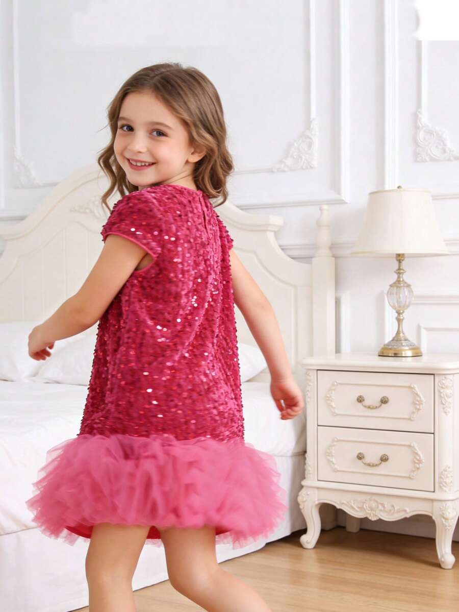 1pc Girls' Cute Elegant Sweet Shiny Sequin Decor Round Neck Short Sleeve Multi-Layer Tulle Ruffle Hem Dress, Suitable For Party, Formal Occasions, Birthday Gifts, Stage Performance, Festivals, Banquets, All Seasons - Hot Pink - View 1