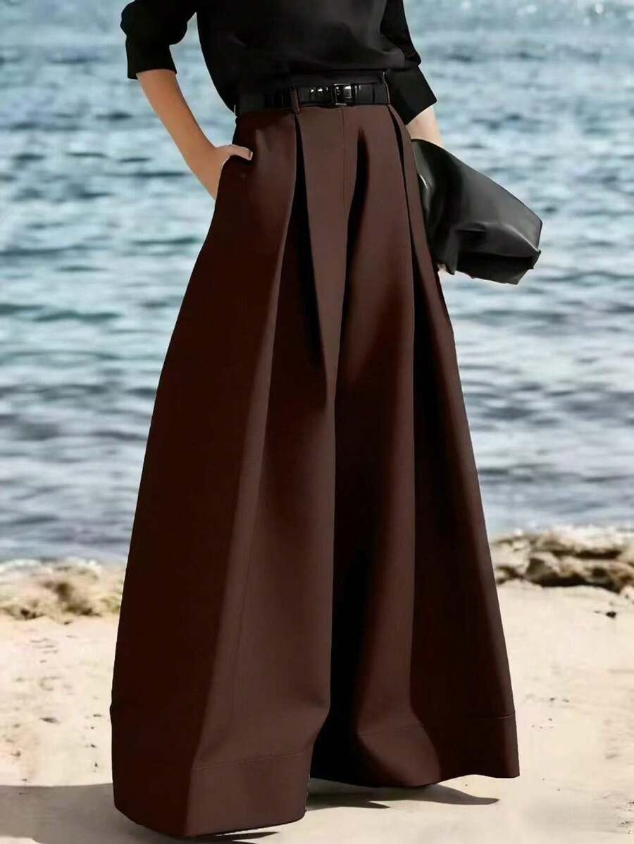 Commuting Fashionable High-End Loose Pleated Wide-Leg Pants Spring - Coffee Brown - View 1