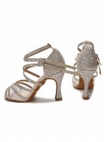 9cm Glittering Gold Latin Dance Shoes For Women, Professional Tango Social Dance Training Shoes, Rhinestone Wedding Heels, Soft Bottom Indoor Party High Heels - Gold - View 4