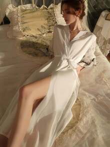 New Silky Satin Nightgown Pure Desire Lazy Lace Decoration Sexy Open Placket Long Robe Set - 白色 - 查看 2