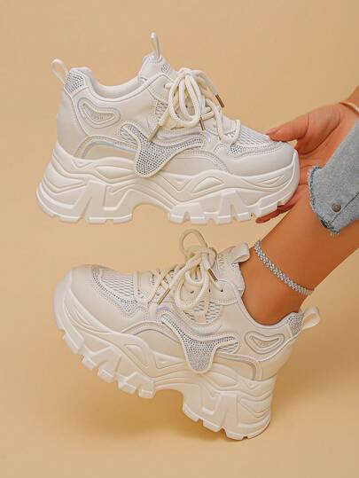 Women's Platform Sneakers With Metallic Accent, Casual Lace-Up Mesh Patchwork Athletic Style, Suitable For Spring And Autumn