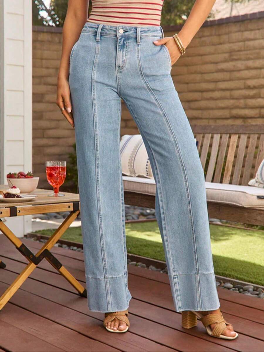 Women's Wide Leg Jeans High Waisted Straight Leg Stretchy Denim Pants With Pockets - 藍色 - 查看 1