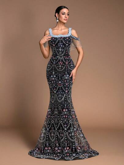 GIFORU Luxury Heavy Beadwork Mermaid Prom Dress - Exquisite Hand-Stitched Pearl Square Neck Maxi Evening Gown, Contrast Mesh Fishtail Hem, Glamorous Formal Dress For Graduation Gala, Wedding Guest & Black Tie Events 2026