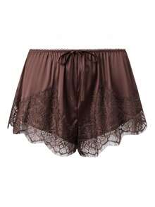 Women's Lace Trim Shorts Casual Loose Fit Stylish Solid Color Mid Rise Shorts For Spring/Summer - Brown - View 1