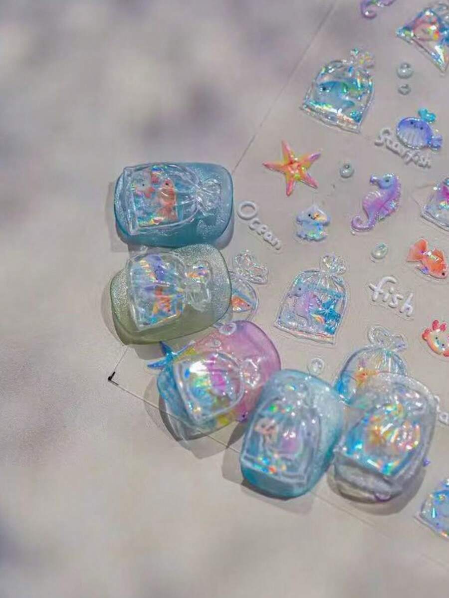 1片新款果冻贝壳美人鱼和海星可爱韩版美甲贴纸，美甲贴片，美甲配件，美甲装饰 - 彩色 - 查看 1