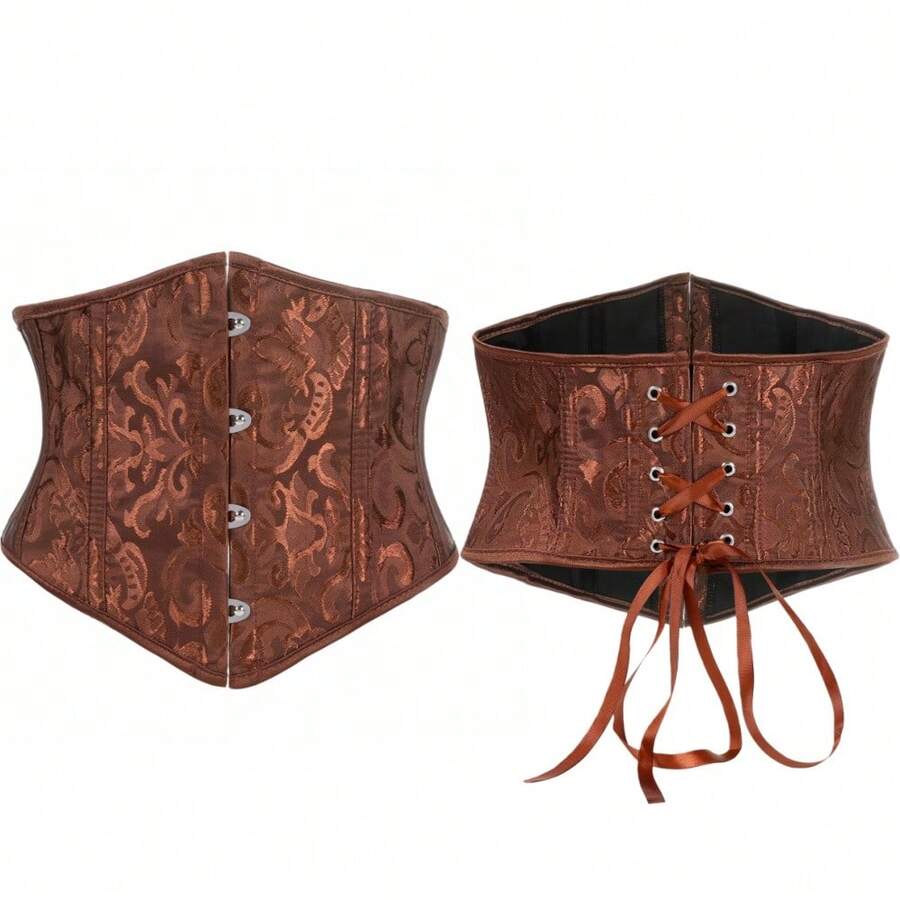 1pc Women's Short Jacquard Waist Cincher, Overbust Corset Bustier For Party And Daily Wear - Coffee Brown - View 1