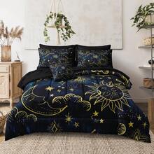 Queen Blue Galaxy Comforter Set Bed In A Bag - 8PC Gold Moon & Stars Bohemian Universe Bedding - 藍色1 - 查看 2
