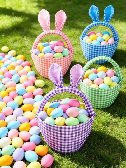 1Pc Personalized Easter Bunny Baskets With Ears, Decorative Easter Bunny Ears Baskets For Home Decor, Gingham Plaid Pattern Egg Hunt Bags, Reusable Canvas Gift Pouch, Spring Party Favors Decorations, Multi-Color Festival Party Props