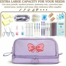 Pink Bow Pencil Pouch Cute Large Pencil Case Organizer Multifunctional Big Capacity Pencil Pouch With 3 Compartmens, Aesthetic School Supplies Pencil Bag For Office Travel Men Women Pull-Out Large-Capacity Pen Bag With Shoelace Handle,Back To School Supplie Essentials Office Supplies Valentine's Day Gifts,Stationery - Multicolor - View 3