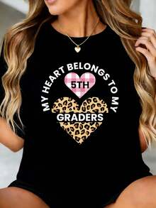 Heart Conversation T-Shirt Love Valentine's Day 5th Grade Teacher Jpg Graphic T-Shirts Women Crop Tops Fall Clothes For Women Sets For Women Fall Clothes For Women Tops T-Shirt - 黑色 - 查看 8