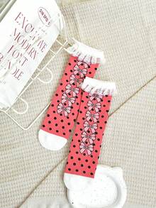1 Pair Women's Pink Bow Polka Dot Pattern Lace Trim Cute & Versatile Mid-Calf Socks, New Arrival Spring/Summer - Pink - View 3