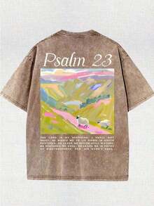 2026 New Arrival Summer Unisex "Psalm 23" Landscape Graphic T-Shirt,Double-Sided Bible Verse Print Oversized Top For Christian Faith & Casual Outfits - 卡其色 - 查看 2