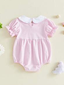Mono de golf bordado para niña, mono de verano de manga corta con cuello de muñeca a rayas - Rosa - Ver 3