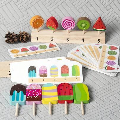 Children's Wooden Pretend Play Toy, Lollipop & Ice Cream Stick Number Matching Interactive Game Gift, Wooden Toys For Kids