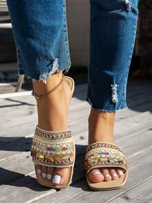 WRCVS Dép bệt nữ màu be, dép xăng đan thêu tua rua nhiều màu sắc mùa hè, dép bệt, dép kiểu retro, dép đi biển thời trang gợi cảm có dây xích trang trí. - Màu be - Xem 2