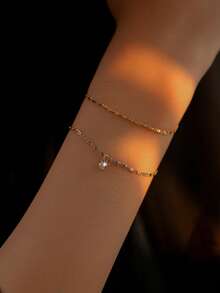 2pcs/Set Valentine's Day/Mother's Day Girl's Fashion Minimalist Heart-Shaped Copper Pendant Multilayer Bracelet Jewelry Gift