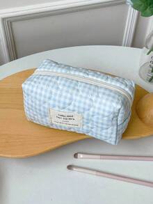 1件/套蓝色格子绗缝大容量化妆包化妆品收纳包，女孩甜美时尚便携化妆包旅行化妆包，多功能拉链收纳袋，可装口红、卫生巾、硬币、钥匙、发夹、发圈等，可爱旅行洗漱包旅行收纳化妆包，母亲节礼物，开学礼物，新年礼物 - 藍色 - 查看 9