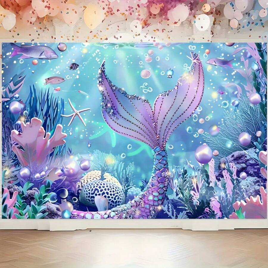 2D 平面，海底世界横幅背景，海星，珊瑚，贝壳装饰，影棚拍摄道具，室内外庭院装饰横幅，夏季和秋季摄影派对用品装饰，各种季节的生日礼物，多种款式可供选择，多种尺寸可供选择。