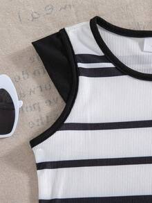 2pcs Girls Casual Striped Heart Print Sleeveless Top And Shorts Set, Summer - Black - View 4