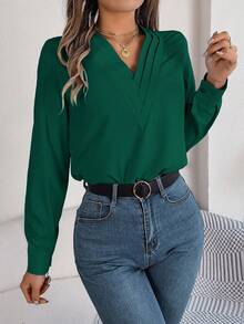 Blusa de manga larga con cuello en V de unicolor, elegante y casual para mujer, primavera/verano - Verde - Ver 4