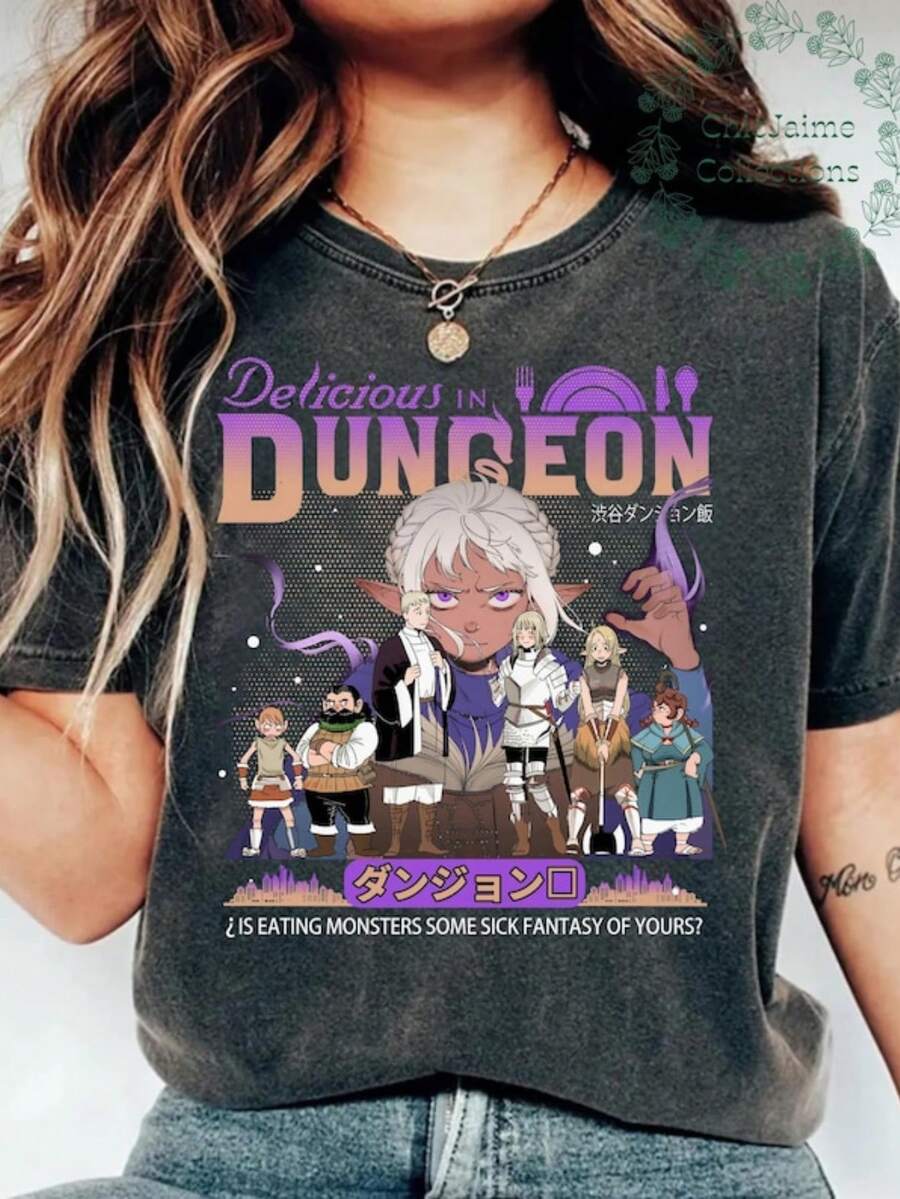 Delicious In Dungeon Shirt, Dungeon Meshi Anime, Dungeon Meshi Senshi Tee, Anime Merch, Frieren Anim - 黑色 - 查看 1