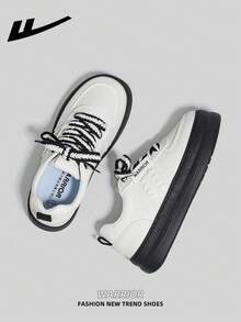 1双 WARRIOR 女士厚底系带软底休闲鞋，低帮户外平底鞋，圆头低跟优雅软底徒步鞋，适合学生、毕业照穿着，平底皮质休闲运动鞋 - 米白/黑 - 查看 4