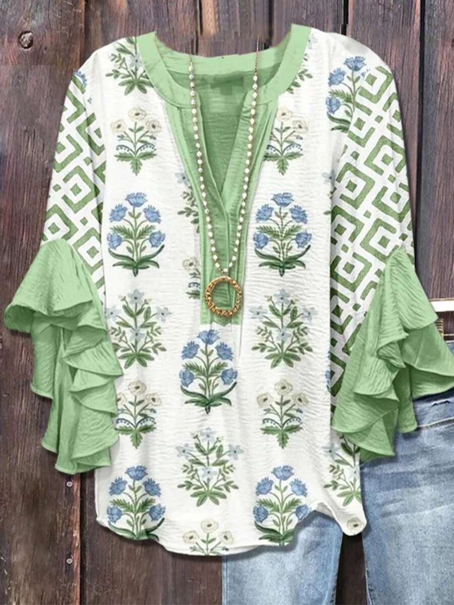 1 Women'S Floral & Geometric Pattern Print Blouse - Button-Front Top With Three-Quarter Length Ruffle Sleeves, Non-See-Through Fabric For Everyday & Formal Events - Spring/Summer Blouse In Green, Women'S Clothing - 薄荷綠 - 查看 1