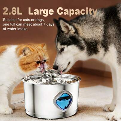 1个2.8升猫咪饮水机式不锈钢宠物自动过滤饮水器，狗狗饮水碗，猫咪喂水器，超静音水泵，USB供电循环水碗，适用于中小型猫狗