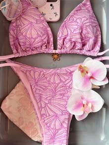 女士夏季泳装度假系列，甜美粉色花朵水钻挂脖三角比基尼，系带三角裤两件套，性感显瘦收腹，甜美风格比基尼套装，时尚泳装，适合海滩度假和拍照 - 粉色 - 查看 6