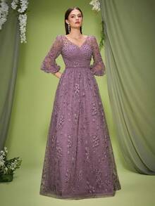 Anpoket V-Neck Embroidered Lace Cropped Sleeves High-End Evening Dress, Party Dress, Wedding Guest Dress, Formal Dress, Gown, Valentine's Day - Dusty Pink - View 4