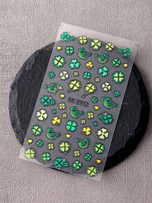 2pcs 5D Embossed Green Nail Art Stickers, Four-Leaf Clover & Love Bird Design, Sliding Style Nail Decals, Nail Art Supplies & Decorations - Multicolor - View 7